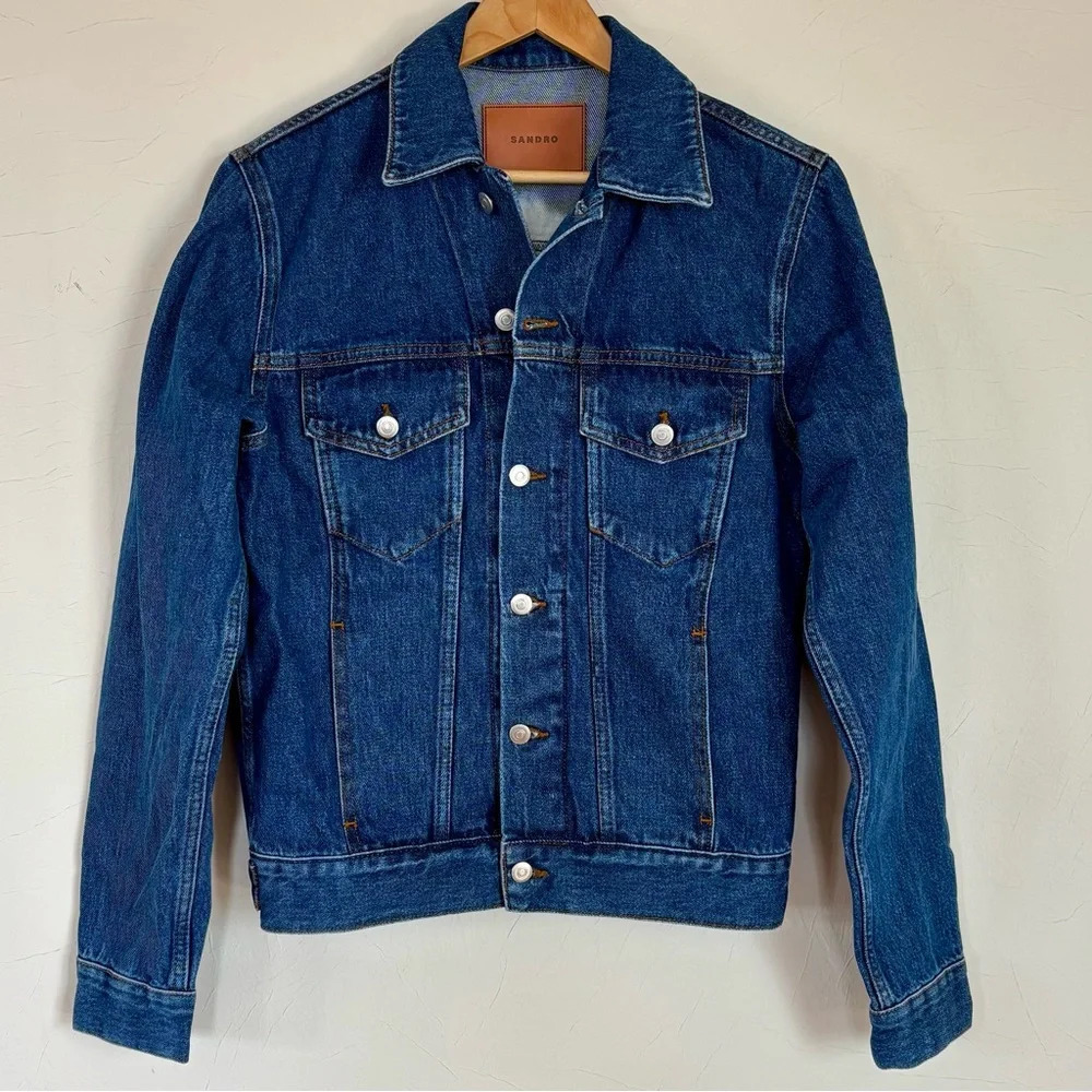 SANDRO French Luxury Brand from Paris Blue Denim Jacket with Tie Die Back. - Picture 12 of 13